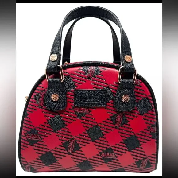VON DUTCH Red and Black Plaid Mini Bowling Bag - Picture 4 of 11
